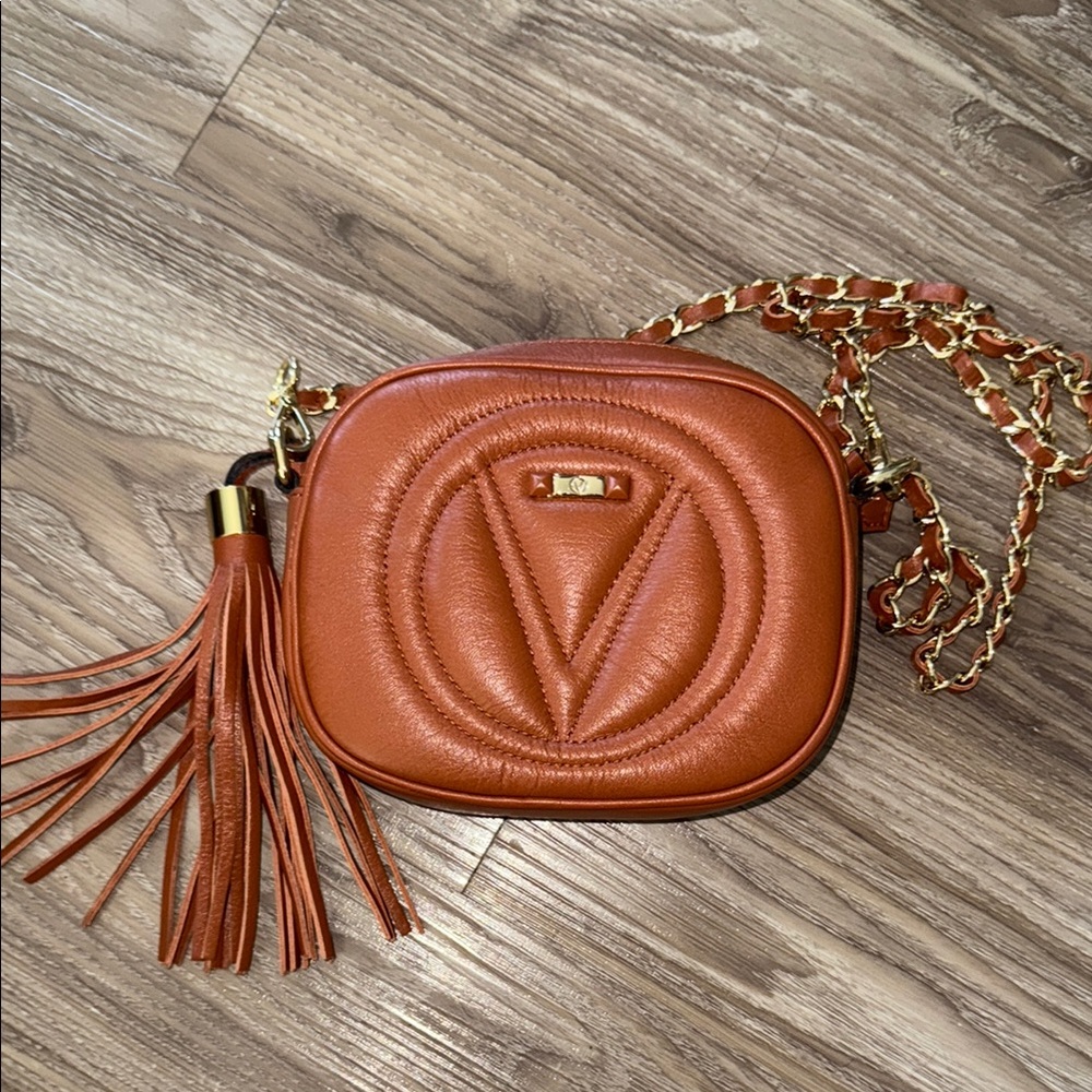 Cognac Leather Crossbody with Gold Chain